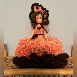 Vintage handmade crochet knit decorative doll | brown and peach